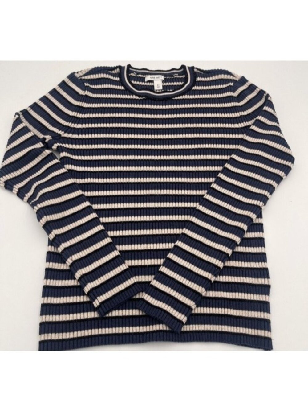 Nine West Women’s Blue Striped Crewneck Sweater Ribbed Long Sleeve Top Medium